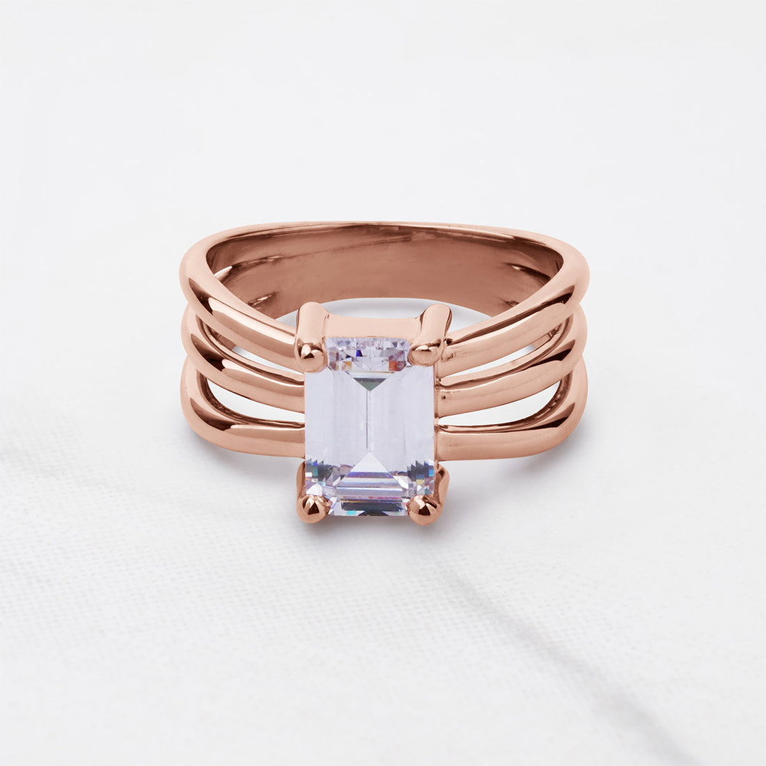 Emerald Cut Solitaire Moissanite Multi Layer Promise Engagement Wedding Ring Rose Gold