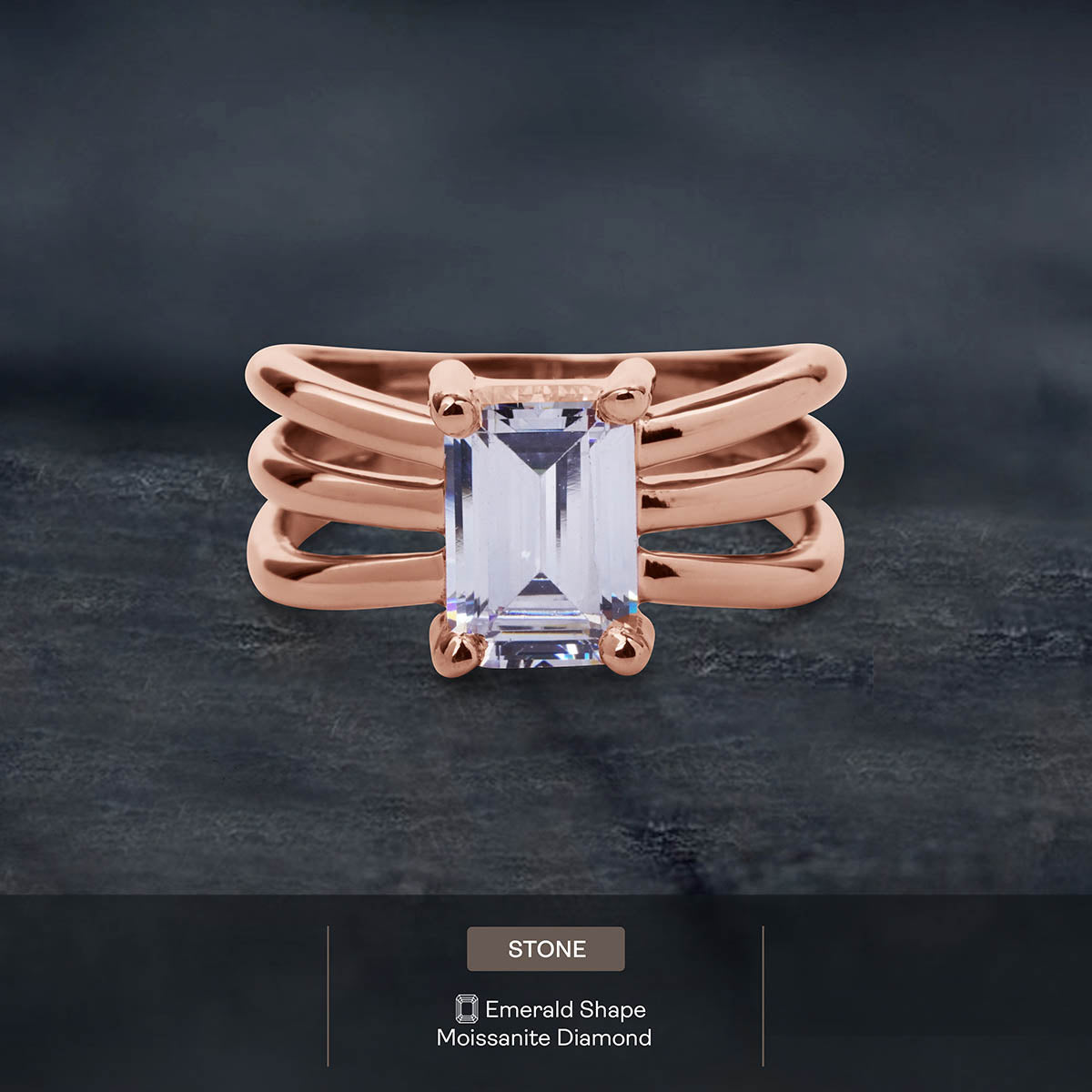 Emerald Cut Solitaire Moissanite Multi Layer Promise Engagement Wedding Ring Rose Gold