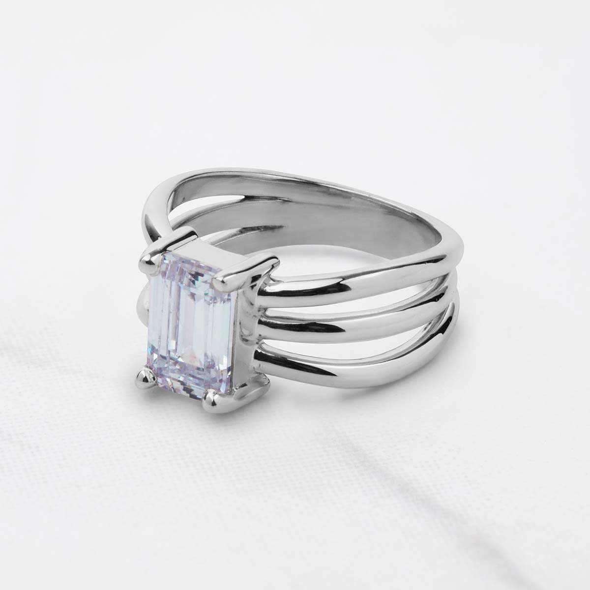 Emerald Cut Solitaire Moissanite Multi Layer Promise Engagement Wedding Ring Rose Gold