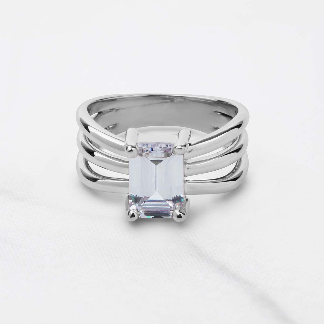 Emerald Cut Solitaire Moissanite Multi Layer Promise Engagement Wedding Ring Rose Gold