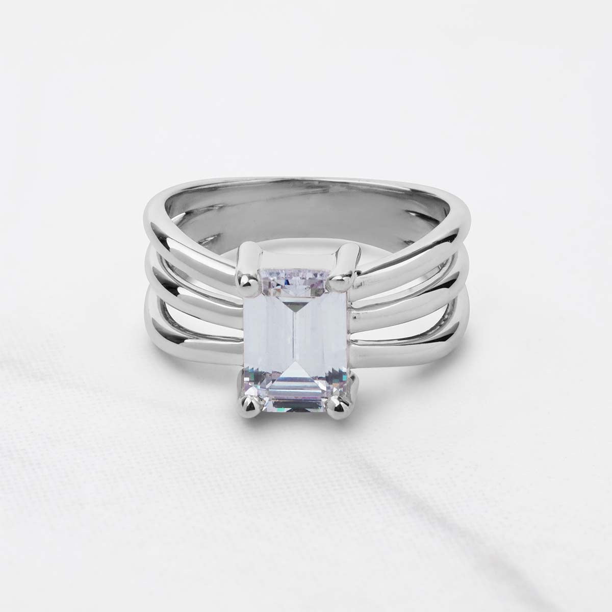 Emerald Cut Solitaire Moissanite Multi Layer Promise Engagement Wedding Ring Rose Gold