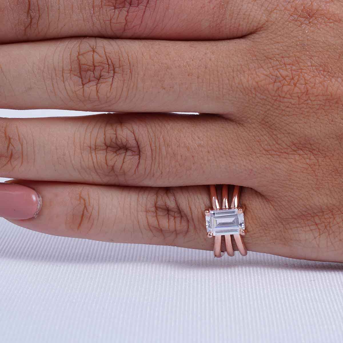 Emerald Cut Solitaire Moissanite Multi Layer Promise Engagement Wedding Ring Rose Gold