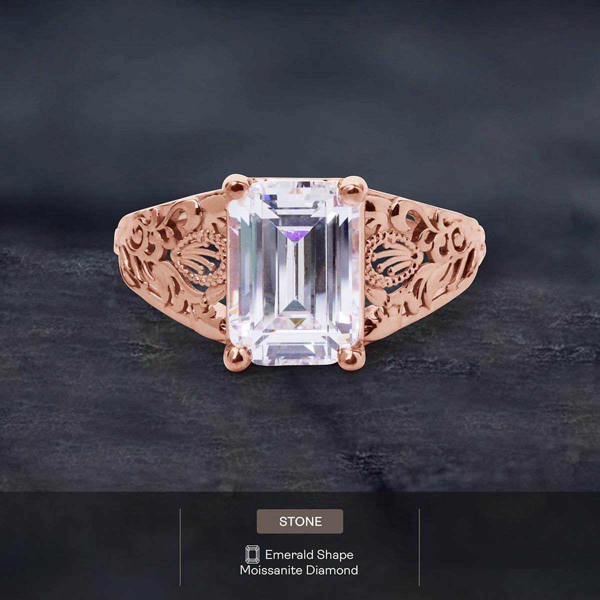 3.50CT Emerald Cut Moissanite Floral Art Deco Engagement Ring