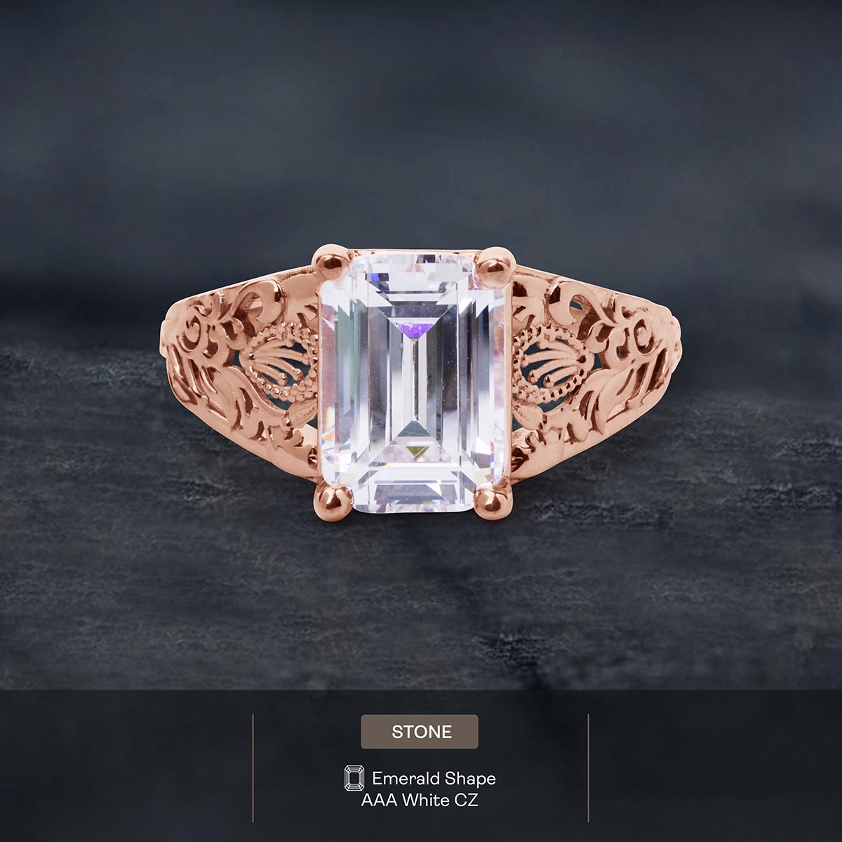 3.50CT Emerald Cut Cubic Zirconia Floral Art Deco Engagement Ring