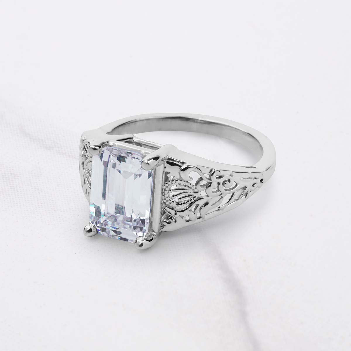 3.50CT Emerald Cut Moissanite Floral Art Deco Engagement Ring