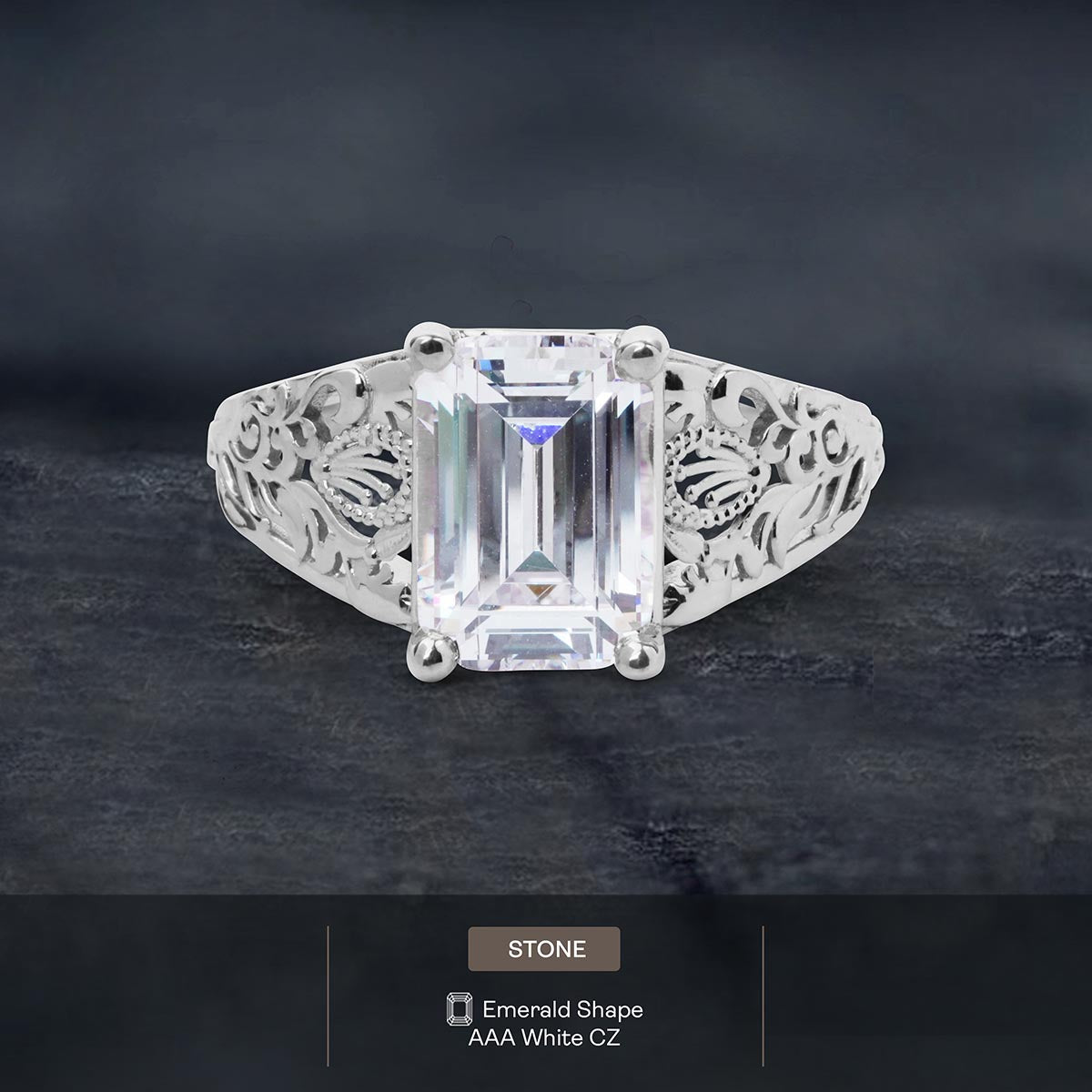 3.50CT Emerald Cut Cubic Zirconia Floral Art Deco Engagement Ring
