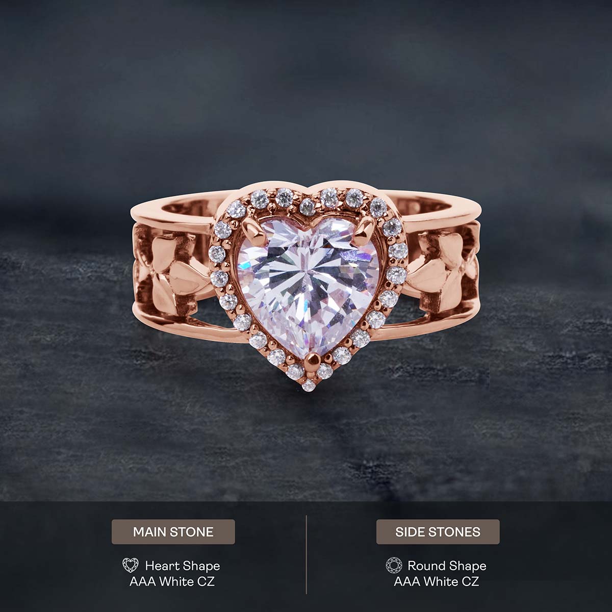 Halo Heart Cubic Zirconia Diamond Engagement Ring Art Nouveau Wedding Jewelry Rose Gold