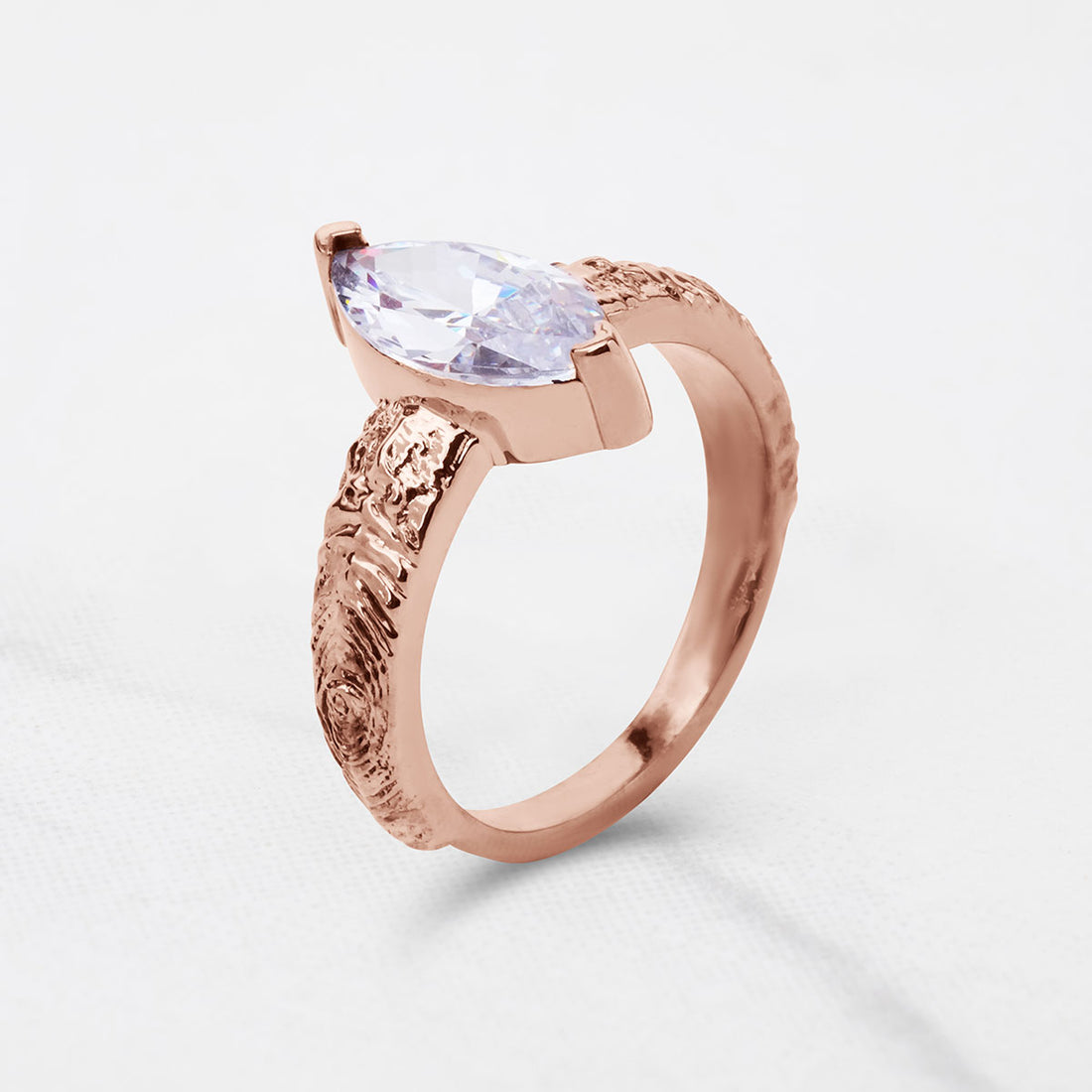 Rustic Textured Solitaire Marquise Cut Moissanite Diamond Engagement Wedding Statement Ring White Rose Gold