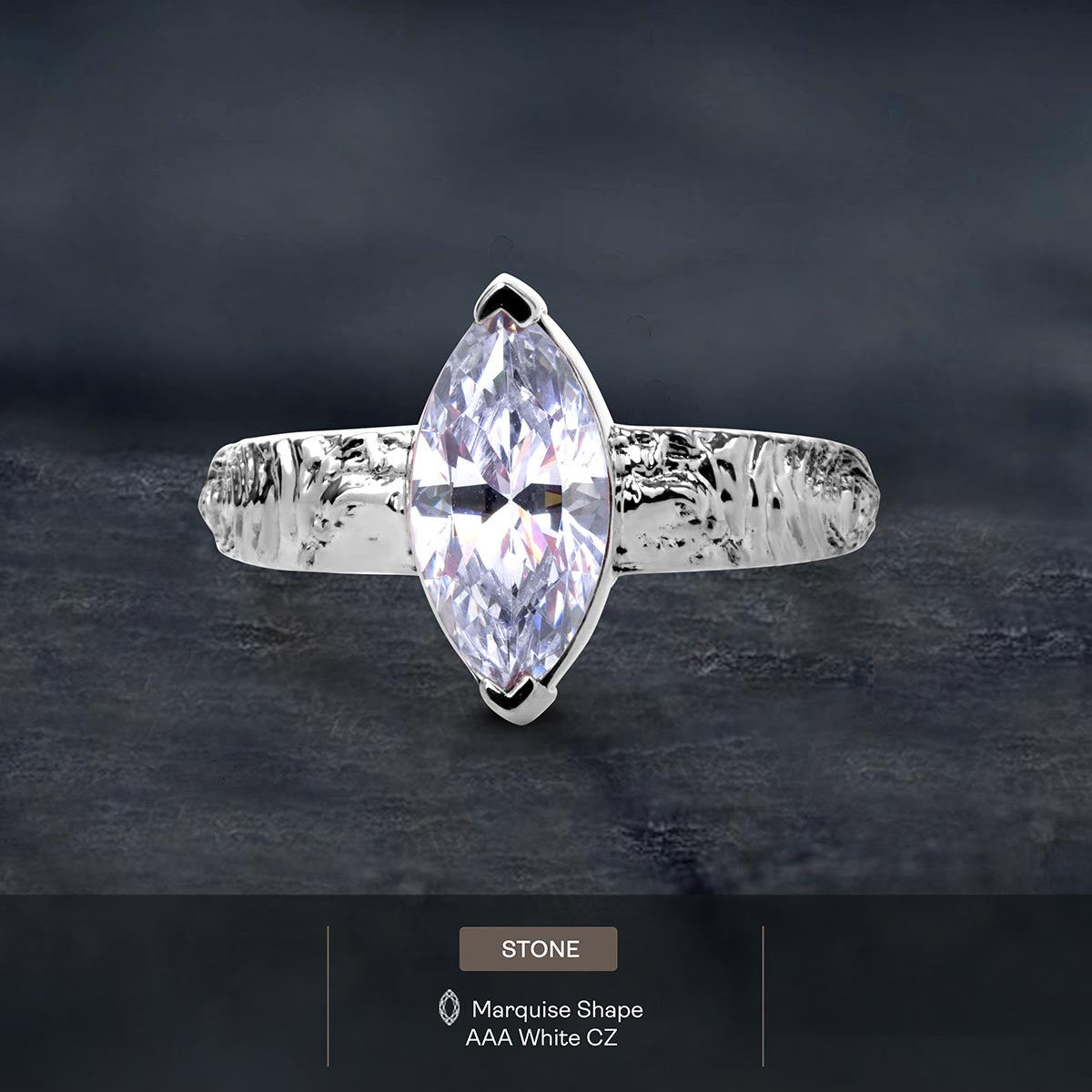 Rustic Textured Solitaire Marquise Cut Diamond Engagement Wedding Statement Ring White Rose Gold