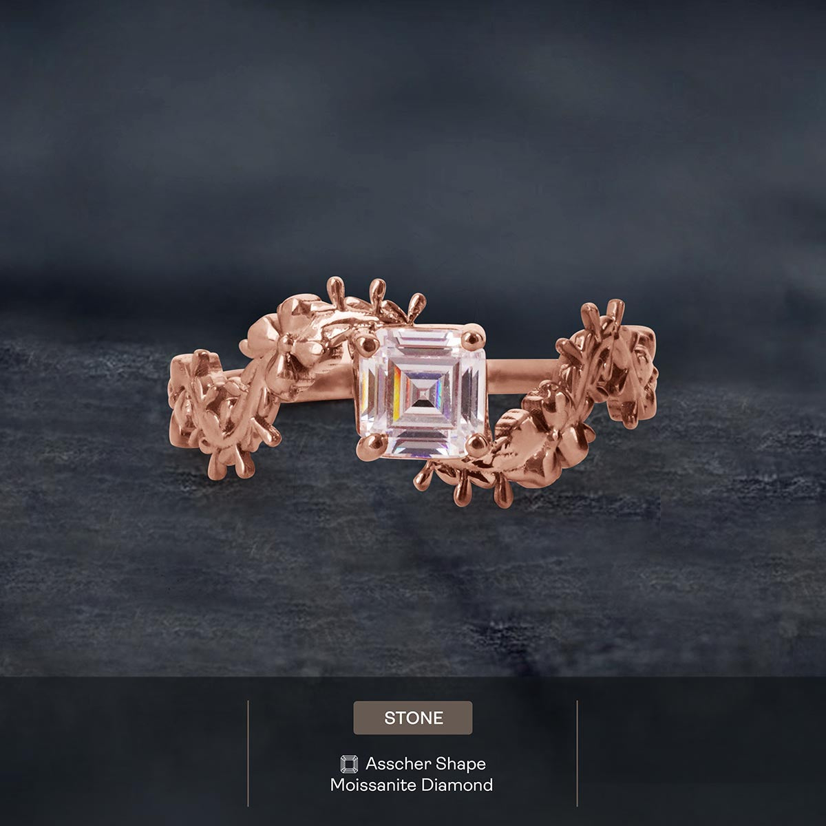 Solitaire  Asscher Cut Moissanite Floral Art Nouveau Nature Inspired Engagement Promise Wedding Rings White Rose Gold