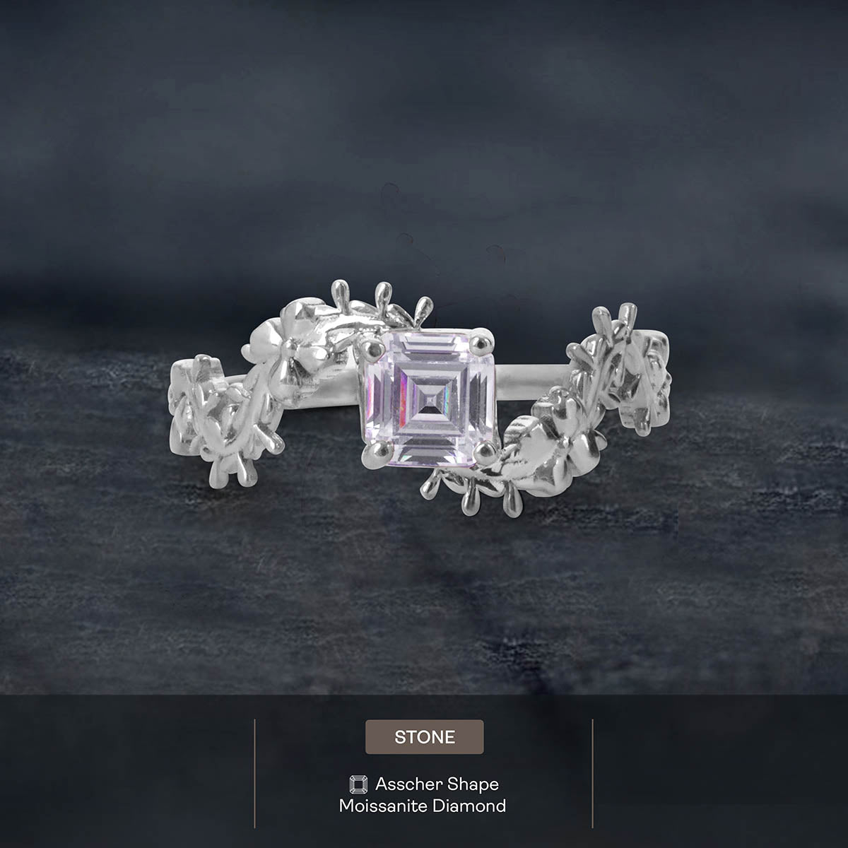 Solitaire  Asscher Cut Moissanite Floral Art Nouveau Nature Inspired Engagement Promise Wedding Rings White Rose Gold