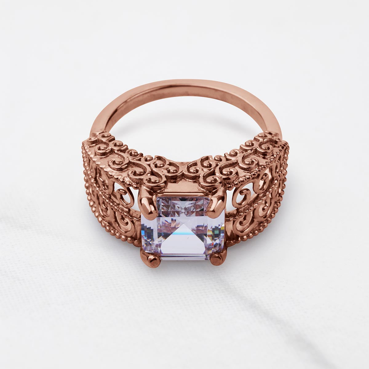 Vintage Filigree Art Deco  Asscher Cut Solitaire Moissanite Engagement Statement Wedding Ring Silver Rose Gold