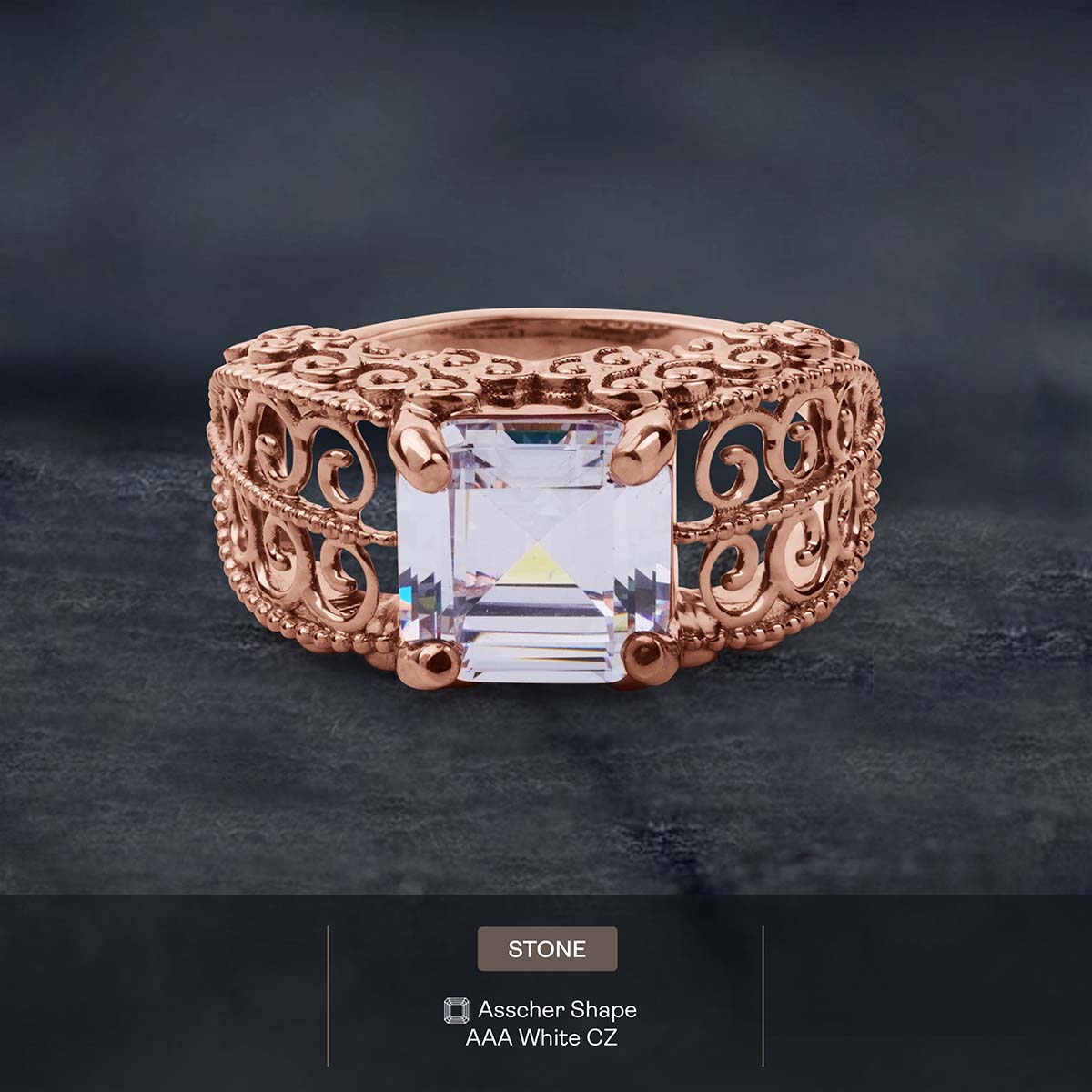 Vintage Filigree Art Deco  Asscher Cut Solitaire Diamond Engagement Statement Wedding Ring Silver Rose Gold