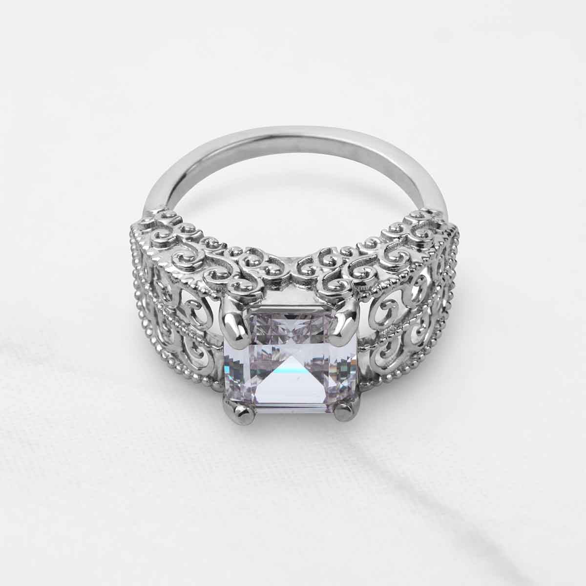 Vintage Filigree Art Deco  Asscher Cut Solitaire Moissanite Engagement Statement Wedding Ring Silver Rose Gold
