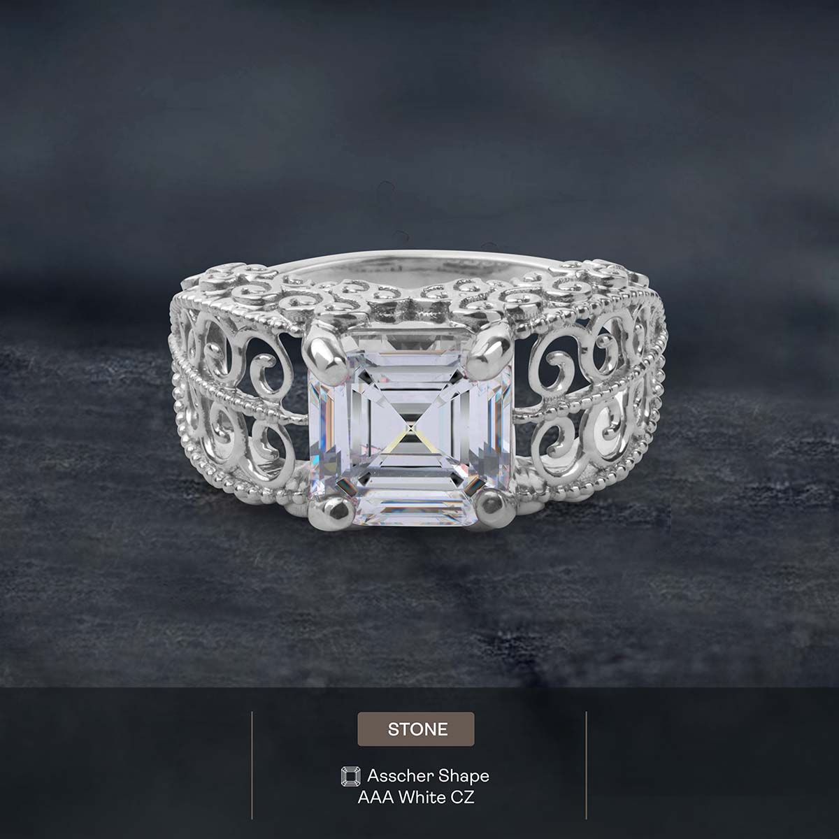 Vintage Filigree Art Deco  Asscher Cut Solitaire Diamond Engagement Statement Wedding Ring Silver Rose Gold