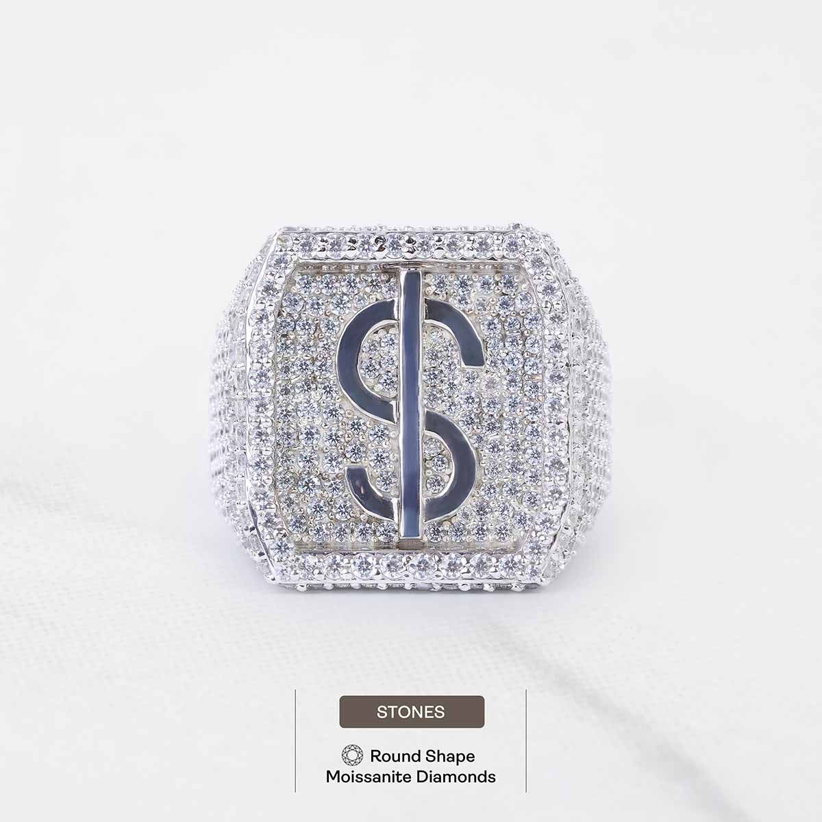 Iced Out Dollar Sign Ring for Men Hip Hop Jewelry Sterling Silver