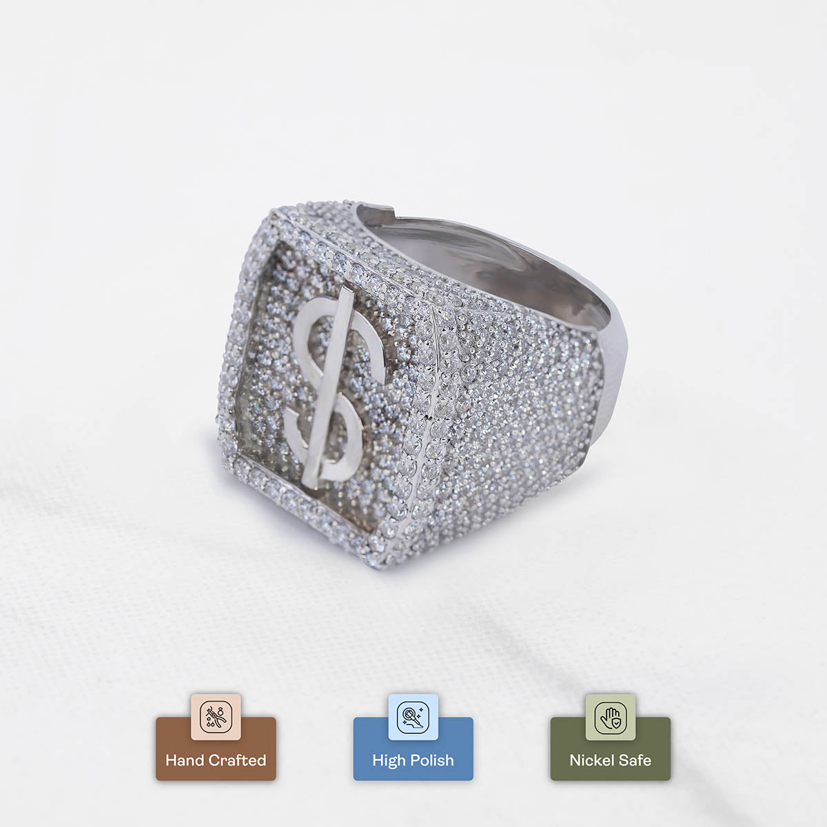 Iced Out Dollar Sign Ring for Men Hip Hop Jewelry Sterling Silver
