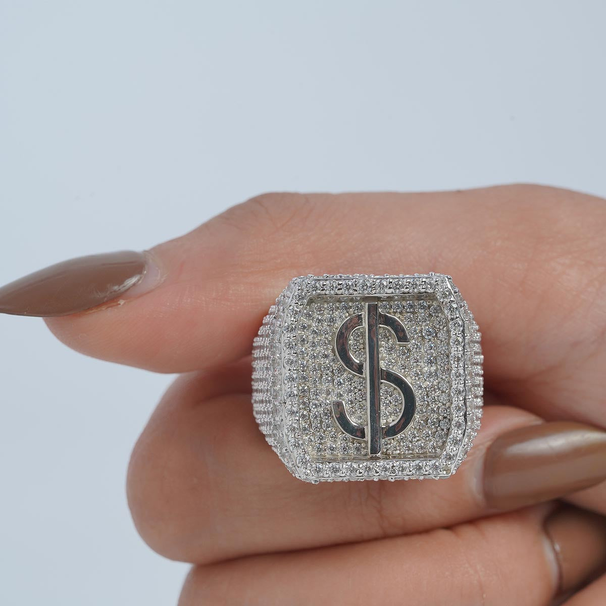 Iced Out Dollar Sign Ring for Men Hip Hop Jewelry Sterling Silver
