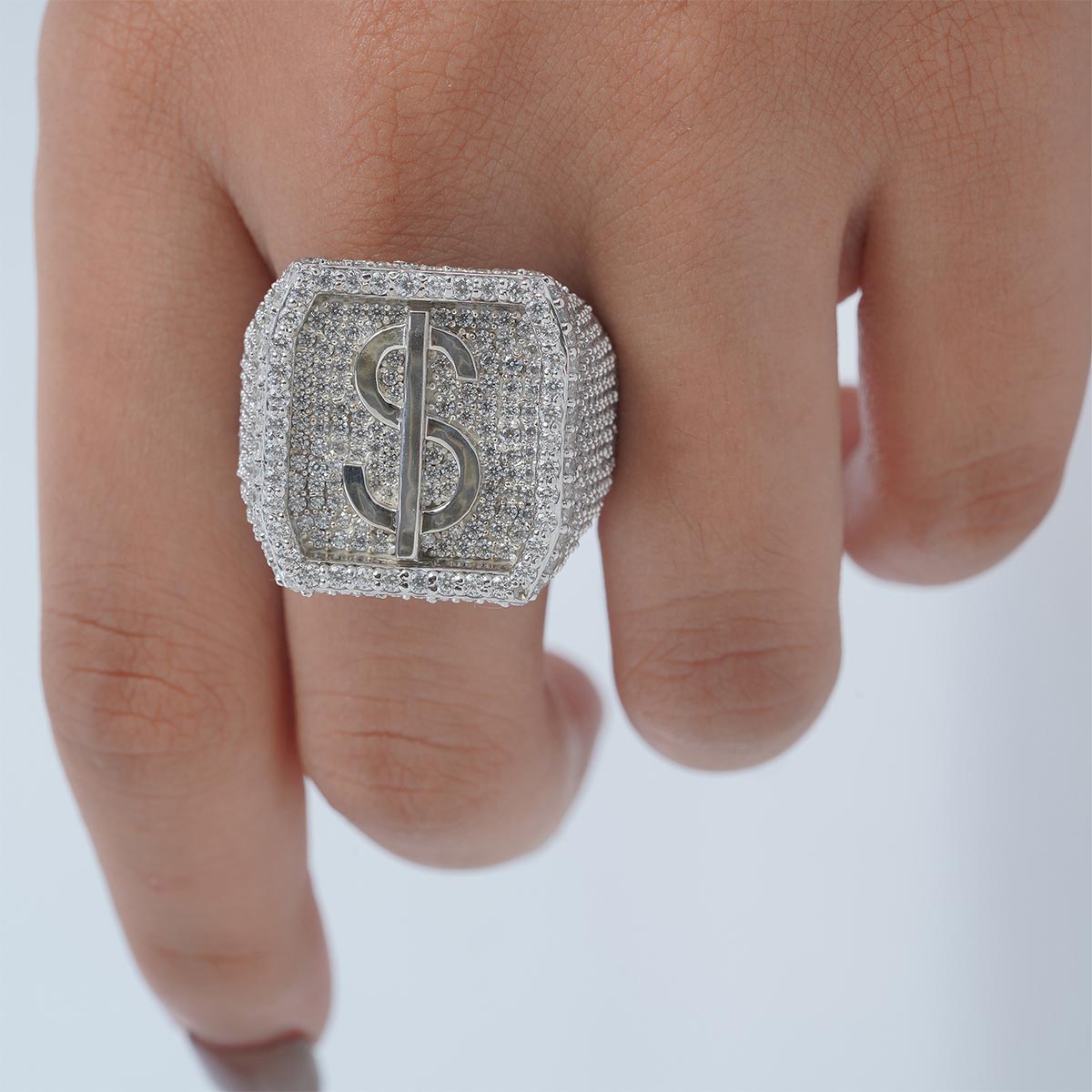 Iced Out Dollar Sign Ring for Men Hip Hop Jewelry Sterling Silver