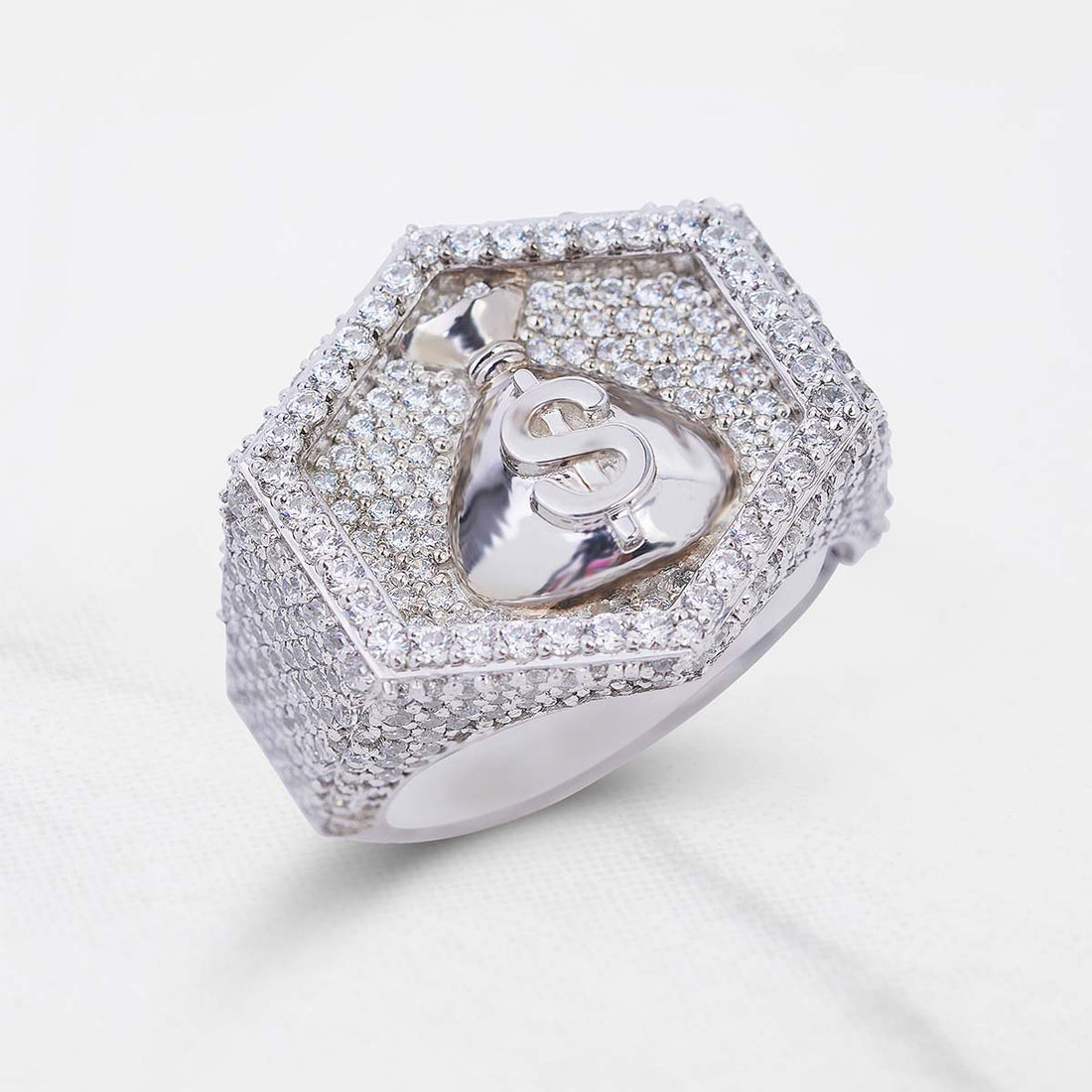 Dollar Sign Money Bag Ring Hexagon Iced Out Hip Hop Jewelry
