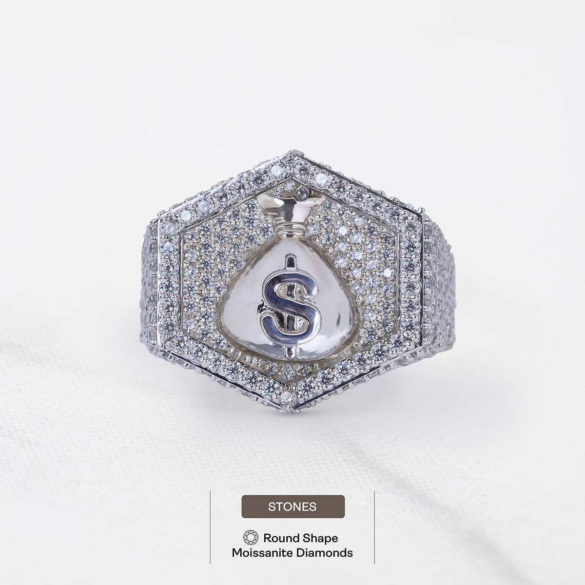 Dollar Sign Money Bag Ring Hexagon Iced Out Hip Hop Jewelry