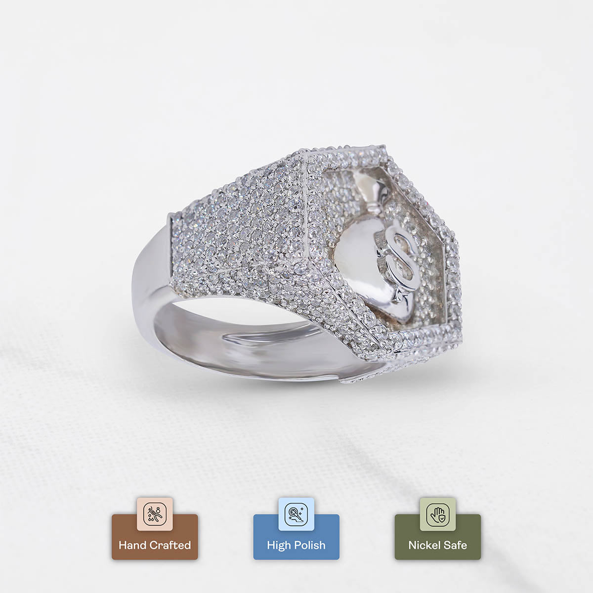 Dollar Sign Money Bag Ring Hexagon Iced Out Hip Hop Jewelry