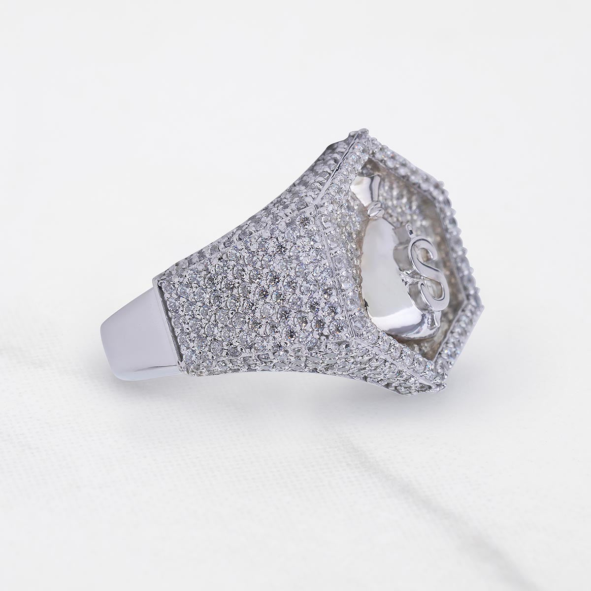 Dollar Sign Money Bag Ring Hexagon Iced Out Hip Hop Jewelry