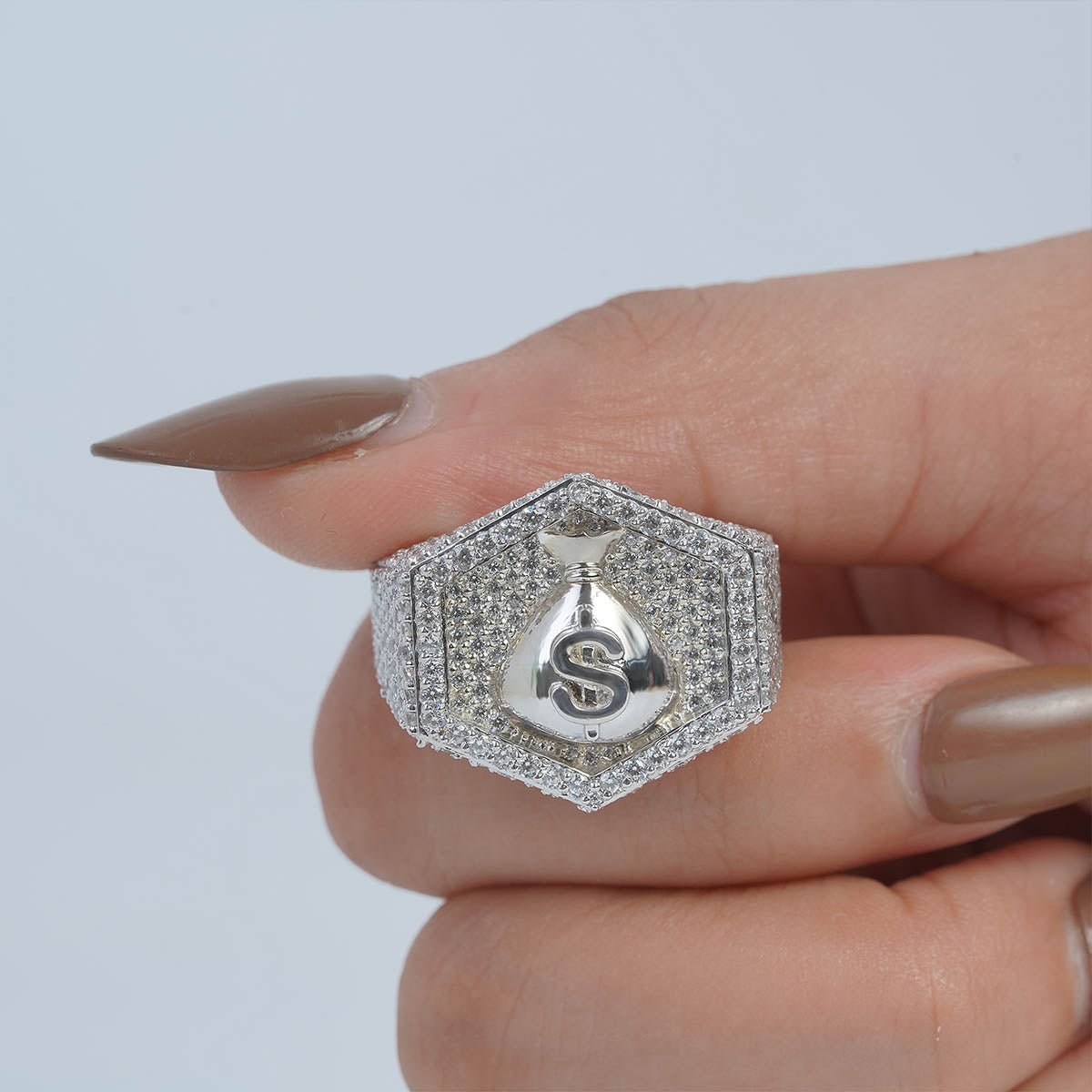 Dollar Sign Money Bag Ring Hexagon Iced Out Hip Hop Jewelry