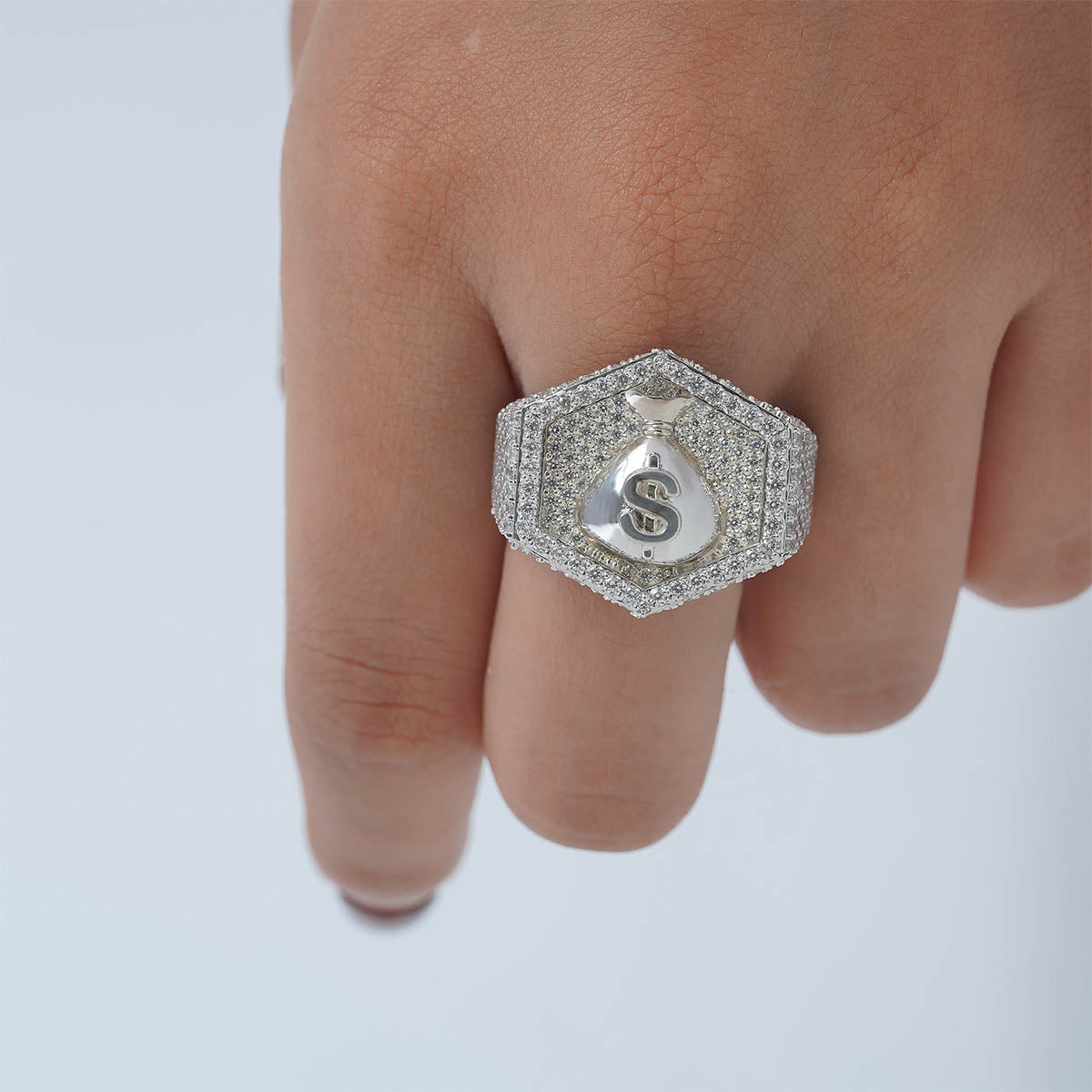 Dollar Sign Money Bag Ring Hexagon Iced Out Hip Hop Jewelry