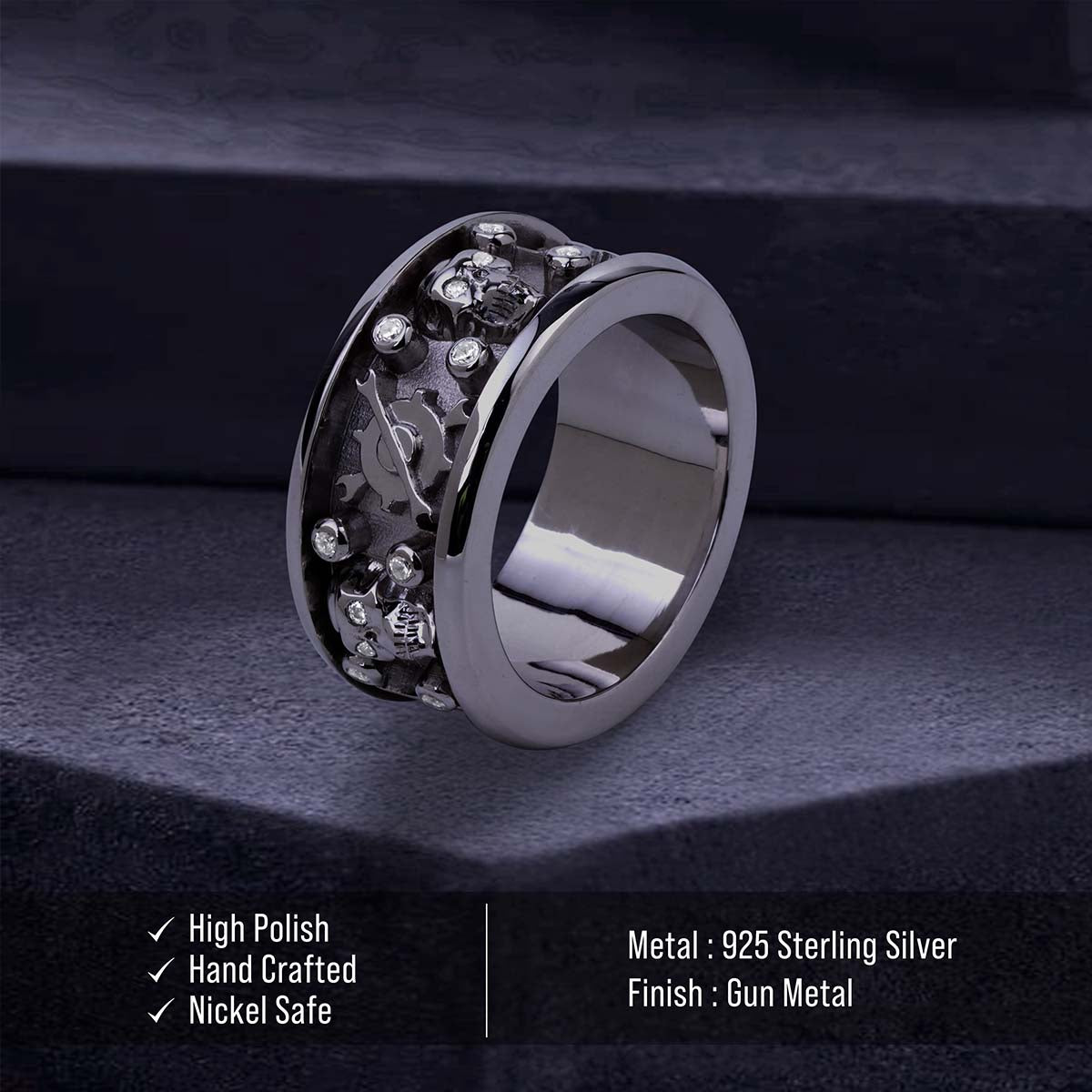 Mechanic Wrench Skull Band for Men Badass Bikers Ring Silver