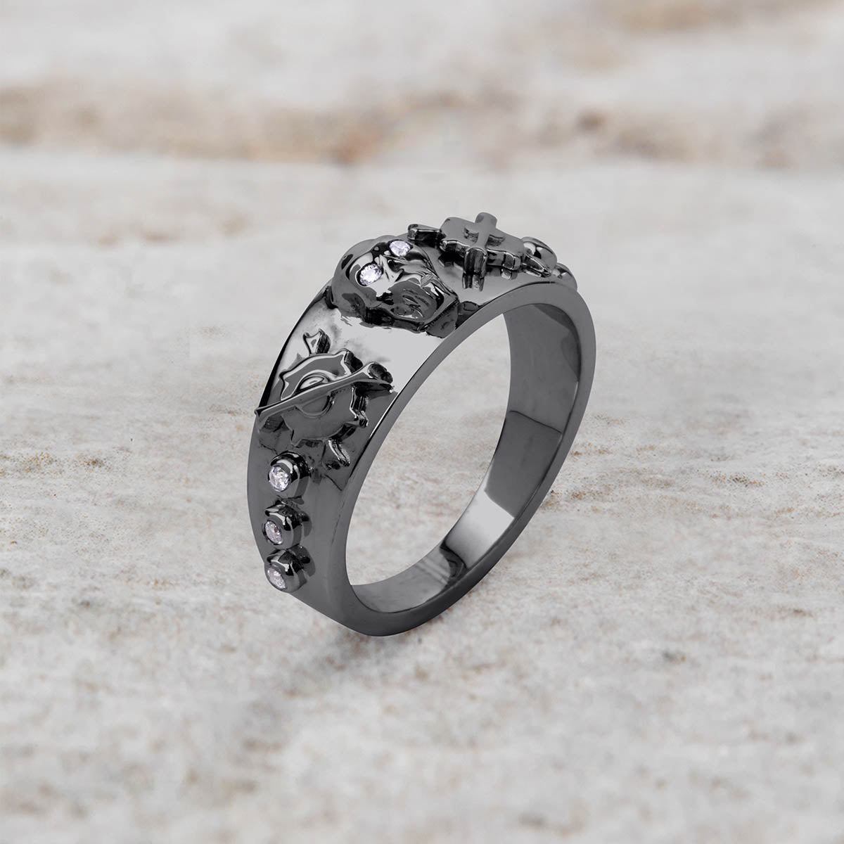 Silver Mechanic Skull Ring Crossed Spanners or Wrenches Gears