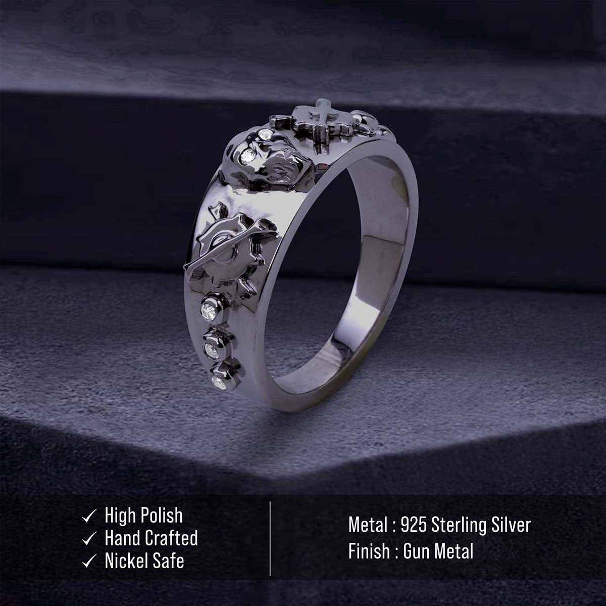 Mechanic Wrench Skull Ring Gothic Biker Wedding Band Unisex