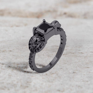 Black Spinel Skull Engagement Ring 925 Sterling Silver Gun Metal