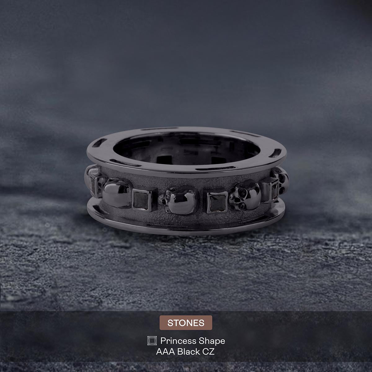Biker Skull Wedding Band Black CZ Badass Gothic Ring for Men