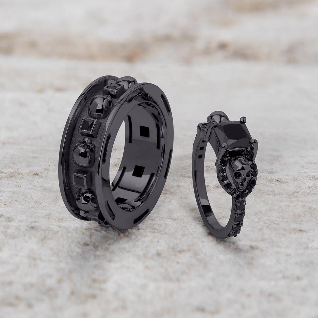 Black Spinel Skull Couple Rings Gothic Wedding Ring Set His Her