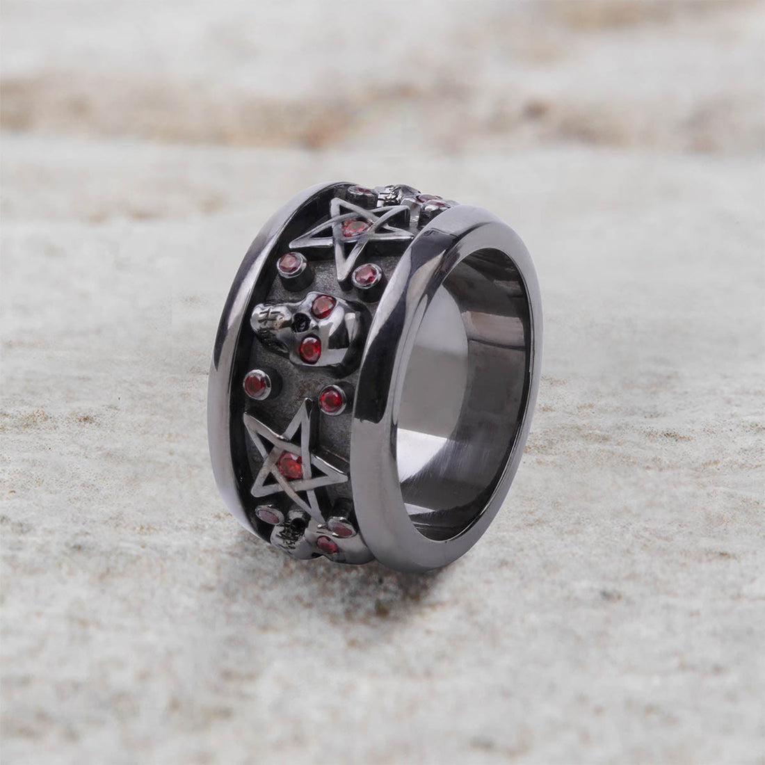 Pentagram Skull Wedding Band for Men Gothic Biker Jewelry