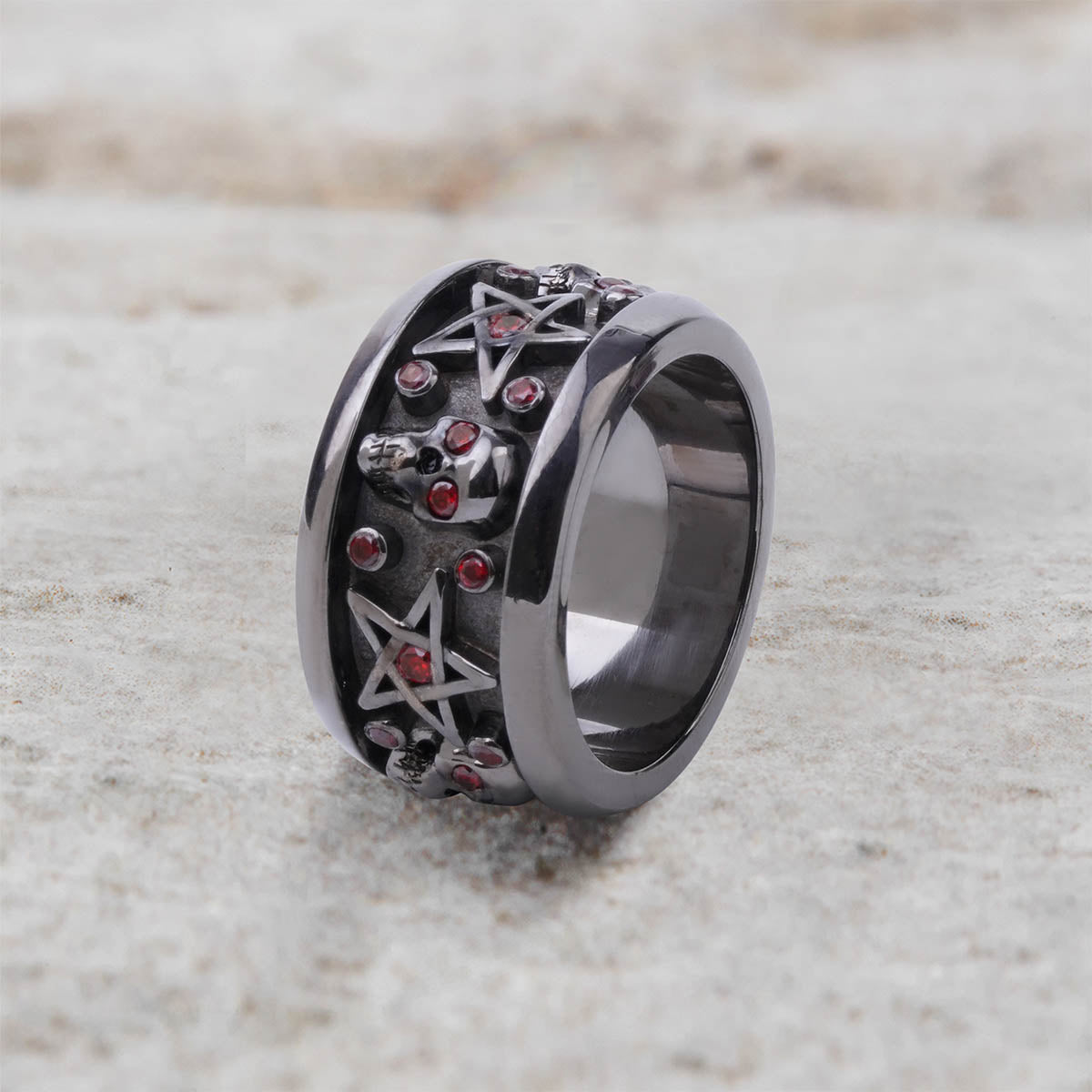 Pentagram Skull Wedding Band for Men Gothic Biker Jewelry