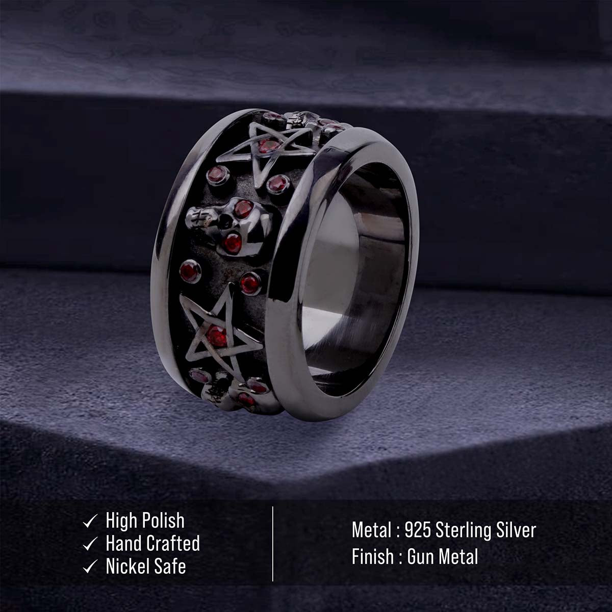Pentagram Skull Wedding Band for Men Gothic Biker Jewelry
