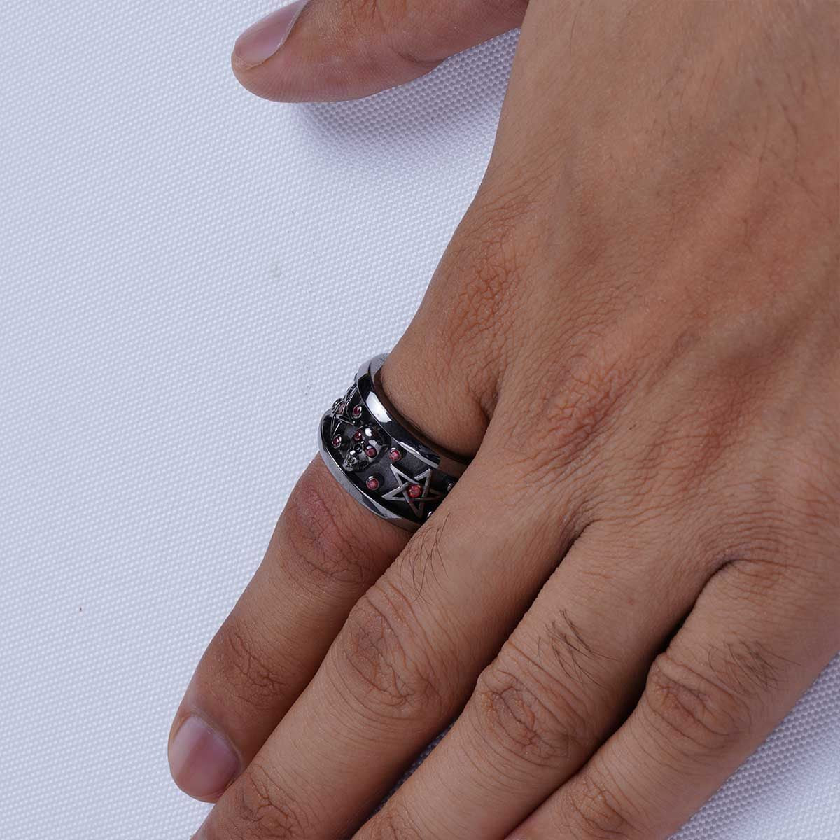 Pentagram Skull Wedding Band for Men Gothic Biker Jewelry