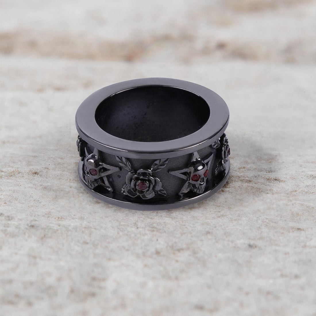 Pentagram Skull and Rose Band Gothic Wedding Ring for Men