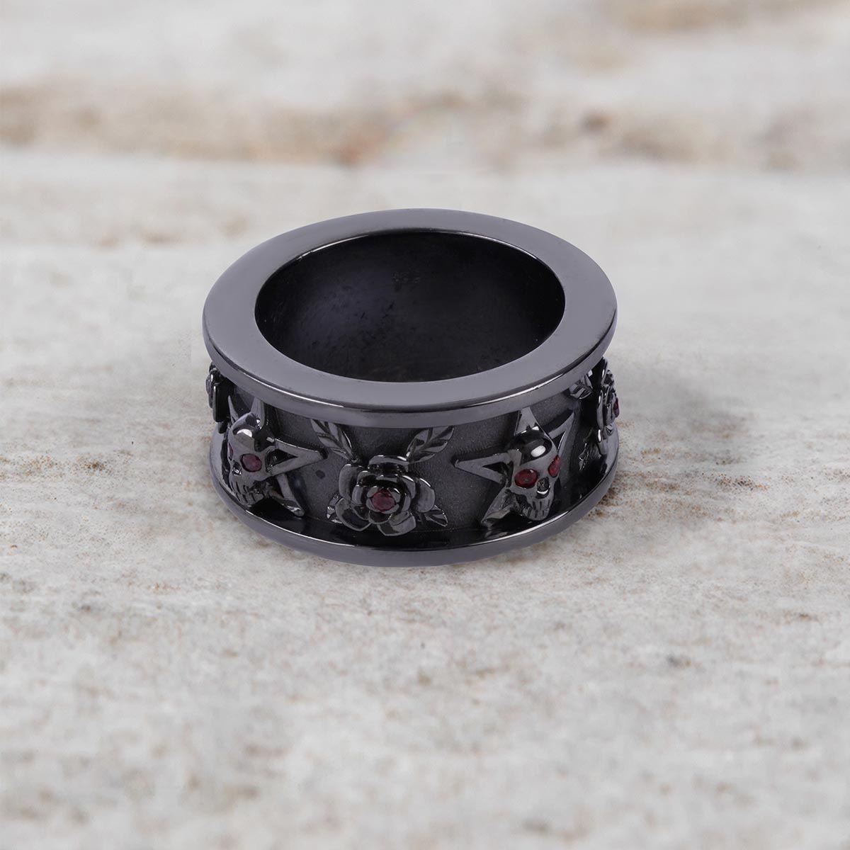 Pentagram Skull and Rose Band Gothic Wedding Ring for Men
