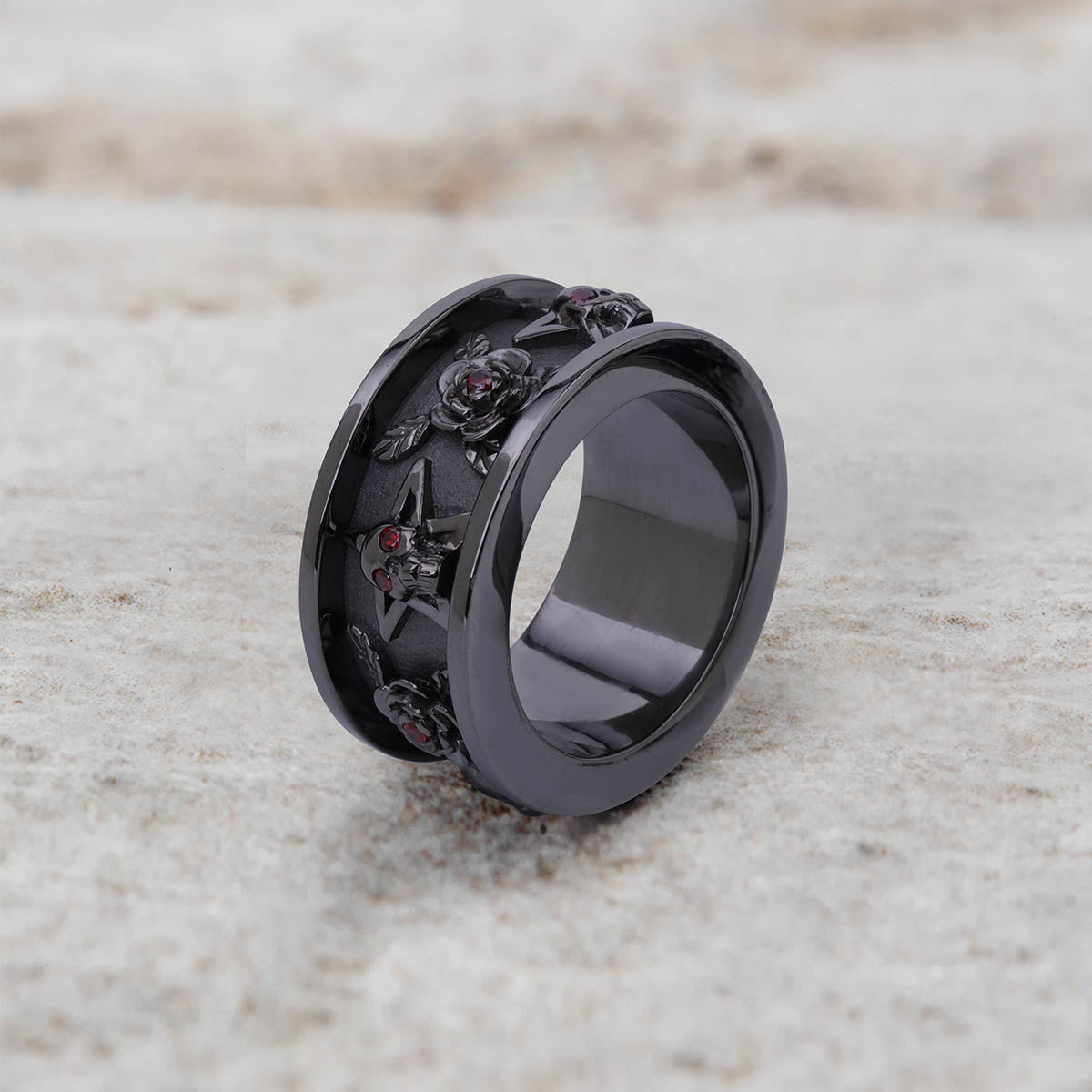 Pentagram Skull and Rose Wedding Band Gothic Ring for Men