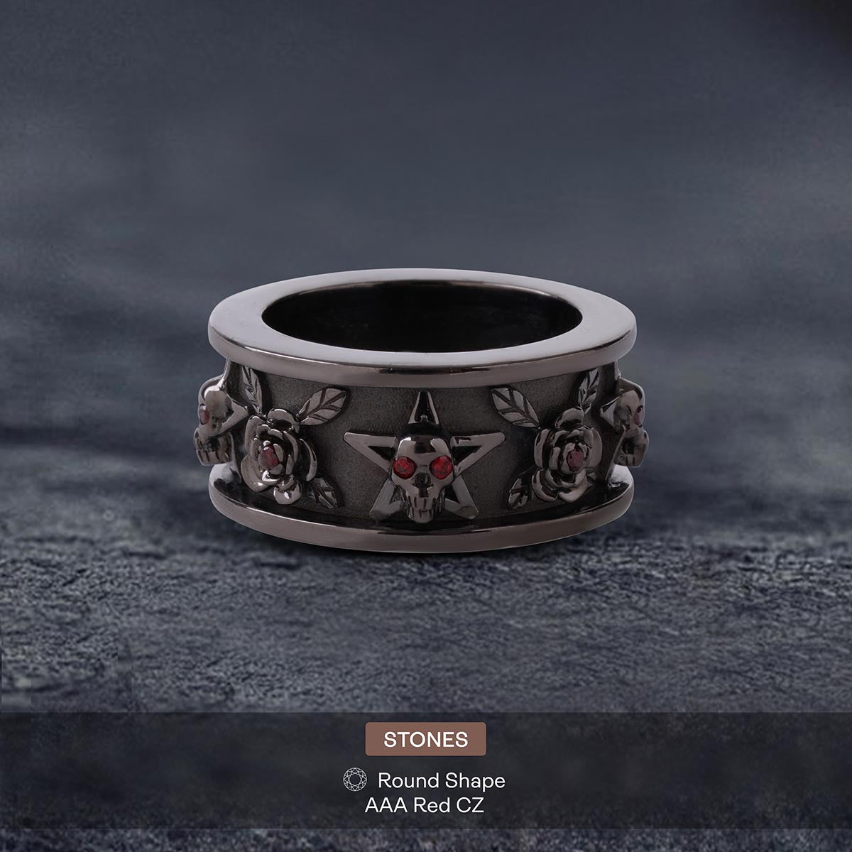 Pentagram Skull and Rose Band Gothic Wedding Ring for Men