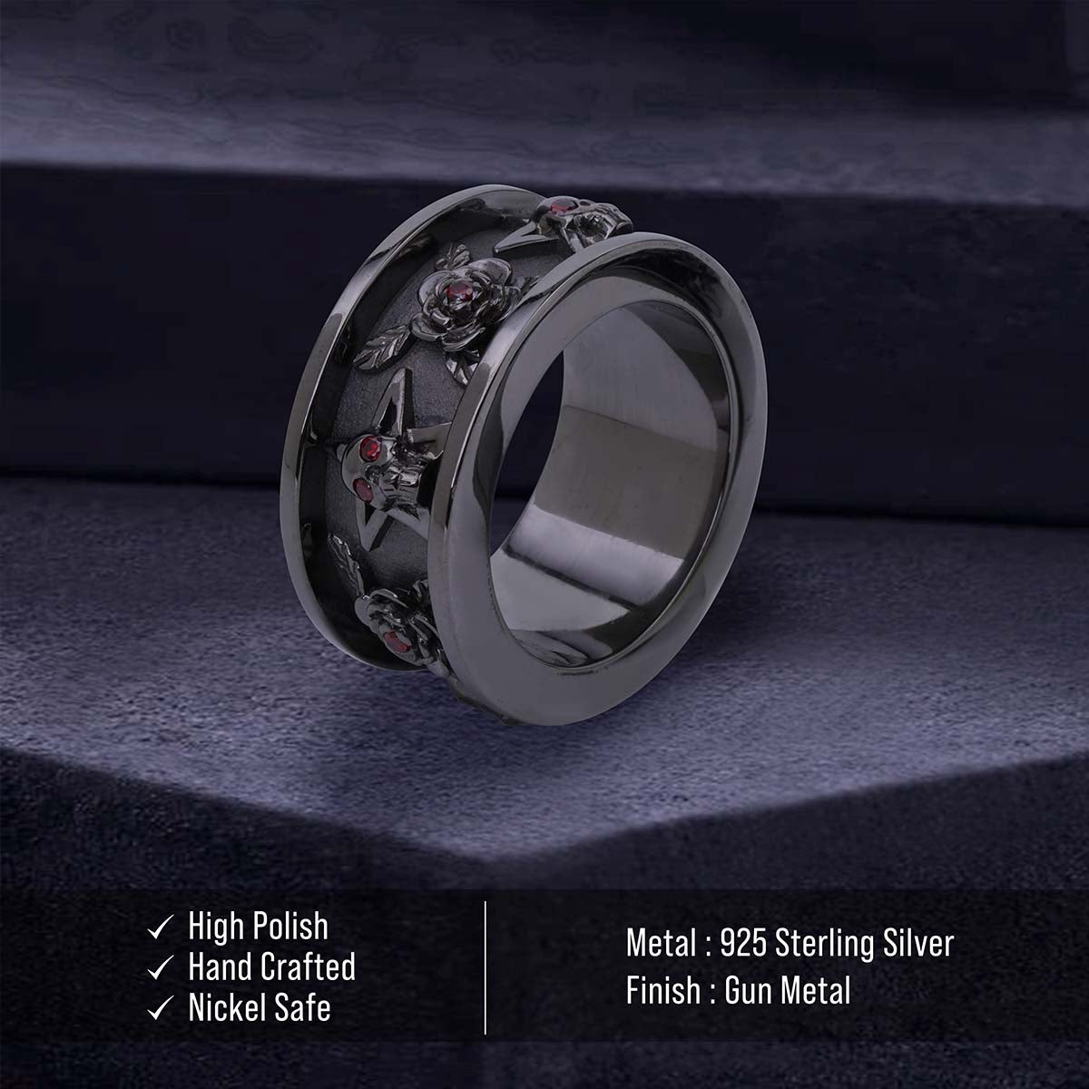 Pentagram Skull and Rose Band Gothic Wedding Ring for Men