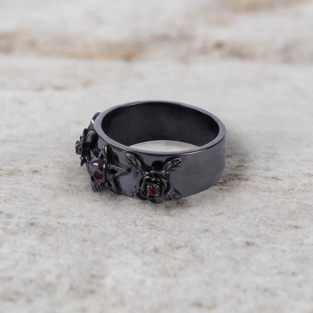 Pentagram Skull and Rose Ring Bold Gothic Wedding Band for Her