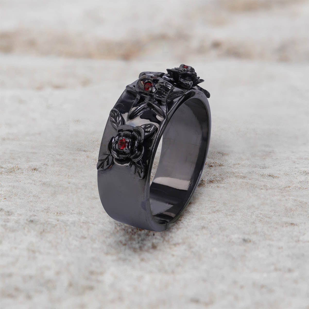 Pentagram Skull and Rose Ring Bold Gothic Wedding Band for Her