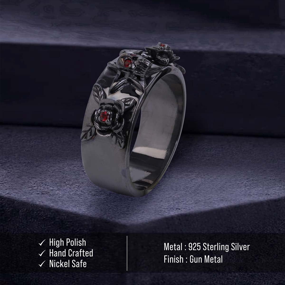 Pentagram Skull and Rose Ring Bold Gothic Wedding Band for Her