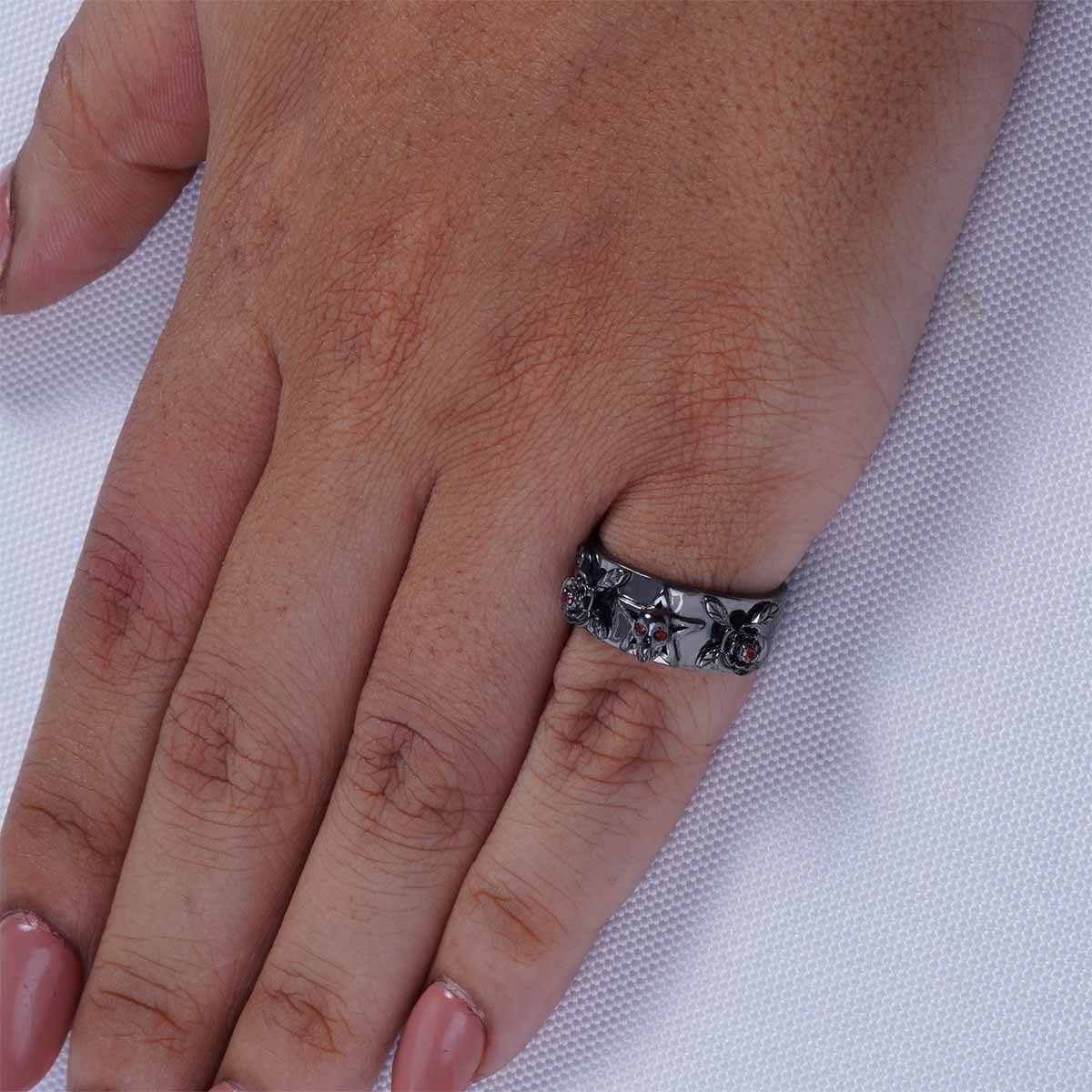 Pentagram Skull and Rose Ring Bold Gothic Wedding Band for Her