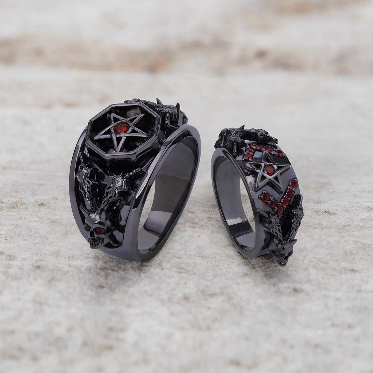 Pentagram Skull Wedding Rings Satanic Couple Engagement Ring Set