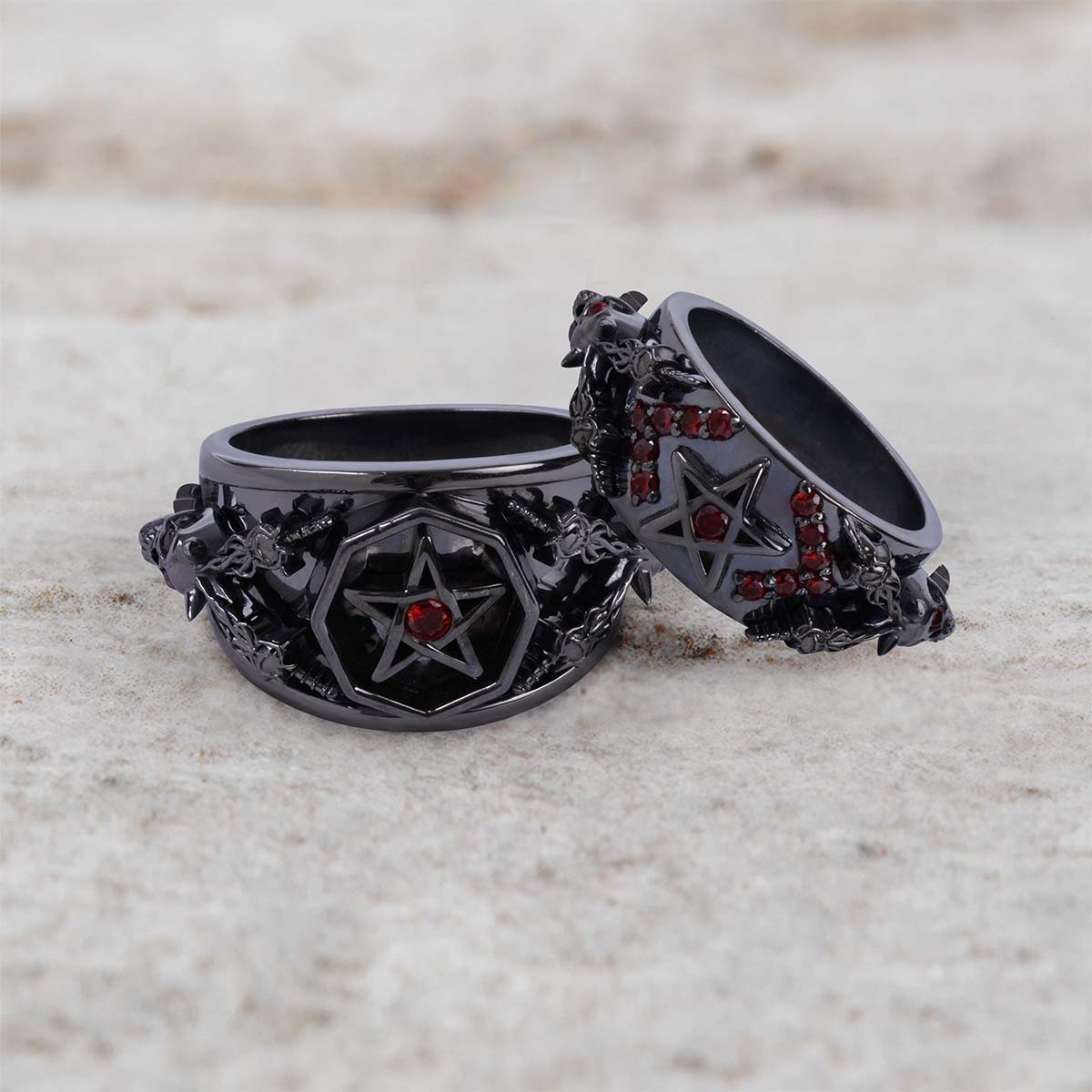 Pentagram skull engagement ring set satanic couple wedding rings